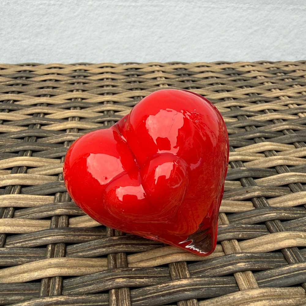 Vintage Red Art Glass Double Heart Paperweight Sculpture 2.75" Love Decor